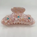 Pink marble acetate hair claw clip with rhinestones and flower design for women - Three Small Flowers (A11-2-35) / Three Flowers
