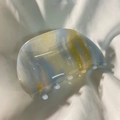 Detailed close-up of semi-transparent shell-shaped acetate hair claw clip with colorful marble pattern - Blue 7.5cm