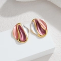 Irregular pleated geometric earrings with pink and red enamel in gold-plated setting - Pink