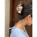 Elegant off-white acetate hair claw clip with blue floral pattern and gold accent - Marble Claw (DIOR Letters)