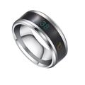 Detail of smart temperature sensor ring showing silver finish and numeric 38 Celsius display - US 6 / Steel