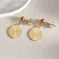 Detail of 14K gold-plated drop earrings with radial geometric texture and sphere studs - Radial Disk Style (SFLE534-yx)
