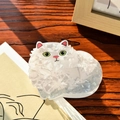 Detail of cute white cat hair claw clip with green eyes and marble texture acetate finish - White Fat Cat (Hair Claw)