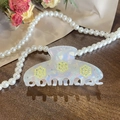 Pinza per capelli in acetato iridescente con fiori gialli traforati e strass colorati fini - 10cm / Giallo Tuorlo