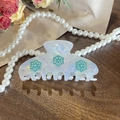 Pinza per capelli bianca iridescente con fiocchi di neve turchesi e strass luccicanti - 10cm / Ciano