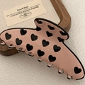 Pinza per capelli in acetato rosa con cuori neri e design elegante stile francese - 11cm / Rosa