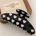 Grande molletta per capelli nera in acetato con motivi a cuore bianchi e lucidi - 11cm / Nero