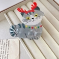 Christmas cat hair claw clip with grey marble texture and red reindeer antlers - Grey Cat with Antlers
