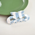 Detalle de la pinza de pelo de acetato a rayas azules y blancas con resorte dorado - Estilo de rayas azules y blancas