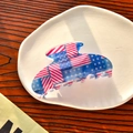 Macro di una pinza per capelli con bandiera americana su un piatto in ceramica bianca - Stile C