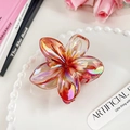 Close-up of translucent gradient plumeria hair claw clip on a decorative white plate - Pomegranate Red