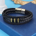 Men's multilayer braided leather bracelet with gold metal rings and magnetic clasp - Gold + Steel Color