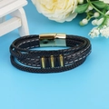 Classic men's multi-layer woven leather bracelet with golden metal buckle and decorative rings - Gold