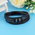 Men's multilayer braided leather bracelet with black magnetic clasp and silver rings - Black