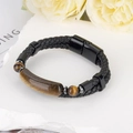 Men's leather tiger eye stone bracelet with black braided cord and magnetic steel clasp - Black