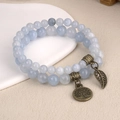 Bracelets à double rangée de perles bleu clair avec pendentifs arbre de vie et feuille - Aigue-marine
