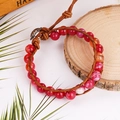 Bracciale multistrato bohémien con perle di agata a strisce e cordino in cuoio con bottone - Agata Rosso Rosa a Strisce