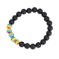 Rainbow striped beads and matte black round beads elastic friendship bracelet for couples - Black Rainbow Beaded Bracelet (BNS-0428)