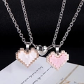 Magnetic pixel heart couple necklace with white pearl and pink textured heart pendants - Pink and White Magnetic Set