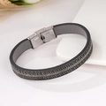 Pulsera minimalista para hombre de cuero negro y acero inoxidable con patrón de greca - Gris humo