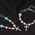 Zweilagige Perlenkette mit Türkis-Kreuz und Strass-Engelanhängern aus Titanstahl - Halsketten- und Armbandset (NST-0375-Ein Set)