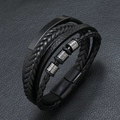 Men's multi-layer black braided leather bracelet with matte black magnetic clasp - Black Leather + Black Accessories