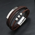 Men's multilayer braided brown leather bracelet with silver magnetic clasp and metal beads - Dark Brown Leather + Silver Accessories