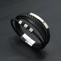 Men's multi-layer black leather bracelet with silver magnetic clasp and woven design - Black Leather + Silver Accessories