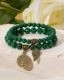 Bracelet double rang en perles vertes avec charm Arbre de Vie et pendentif pièce - Malachite
