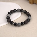 Bracciale da uomo in pietra vulcanica e agata con distanziali in metallo argentato - Stile Pietra Paesaggio con Strass Nero (10mm)