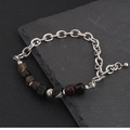 Retro roestvrijstalen kettingarmband met donkere vierkante stenen kralen en verstelbare staart - Natuursteen Stalen Ketting Armband