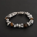 Herenarmband van titaniumstaal met zilveren kralen en bruine tijgeroog natuursteen - Zilveren Tijgeroog Kralenarmband