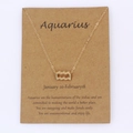 Detalle del collar signo Acuario con colgante dorado y tarjeta de rasgos - Acuario
