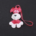 Close-up of rose red and white Schnauzer puppy leather keychain with stitching details - Rose Red