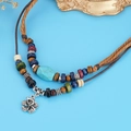 Bohemian double-layer beaded anchor necklace with turquoise stone and silver flower charm - Flower