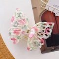 Cream butterfly hair claw with pink flower print and gold spring mechanism - Pink and Green / 14cm