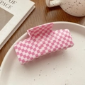 Pink checkered rectangle acetate hair claw clip on a ceramic plate for stylish hair styling - Pink White Grid (7.6CM)