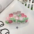 Floral acrylic hair claw clip with pink tulips and green leaves on white background - Approx. 8cm / Hand-painted Rose