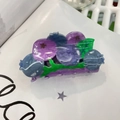 Macro detail of blueberry hair claw clip with blue berries and green acetate leaves - Approx. 8cm / Blueberry
