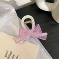 Detailed view of cream white hair claw clip with a textured pink mesh bow and metal spring - 8.5cm / Creamy White With Light Pink Bow
