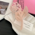 Gros plan détaillé d'une pince à cheveux rose en résine avec détails de feuilles sur plat - Fleur de Rose Rose Clair