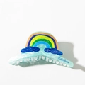 Macro view of blue acrylic hair claw with rainbow pattern and cloud printing detail - Rainbow Claw Clip