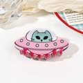Détail de la pince à cheveux en forme d'OVNI rose avec un motif de chat vert mignon - Pince UFO 9cm - Rose Blanc