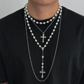 Men's hip-hop layered cross necklace set with white pearls and silver beaded chains - Silver (White Pearl)