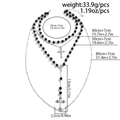 Men's hip hop layered black beaded cross necklace with silver chains and pendant dimensions - Silver (Black Pearl)