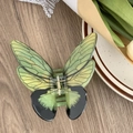 Vue détaillée de dessus d'une pince à cheveux papillon vert dégradé sur table en bois - Vert-Jaune Dégradé