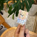 Cute cream bear hair claw with blue plaid pattern and polished acetate finish - Beige