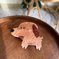 Cute acetate puppy dog hair claw clip with brown spots on a wooden display plate - Pink Spotted Ear Dog Style (Approx 7cm)
