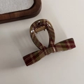 Detail of red and green Christmas plaid hair claw clip with golden metal spring - Light Red Green Plaid - Small Bow
