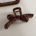 Detail of red and green plaid pattern on bow-shaped hair claw clip with metal spring - Light Red Green Plaid - Cross Knot (Approx 12cm)